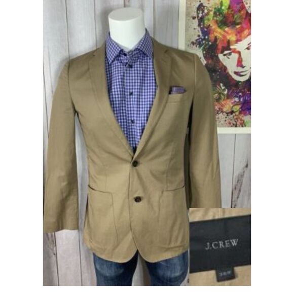 J Crew Ludlow Mens 36R Khaki Blazer Sport Coat Two Button Jacket Cotton Beige - Picture 1 of 16